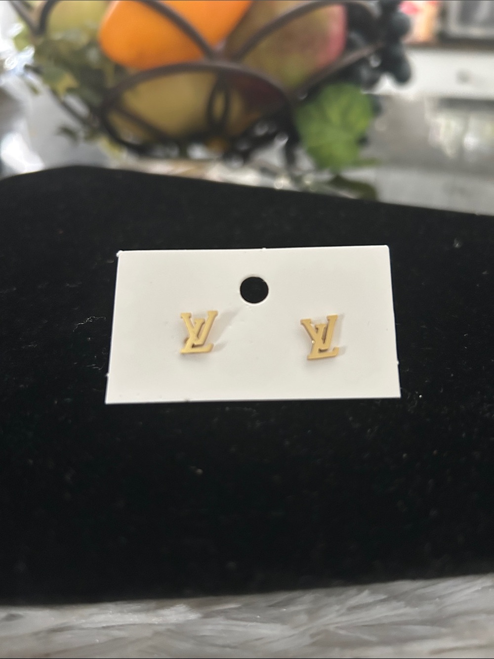 Gold LV Monogram Stud Earrings - Women's Fashion Jewelry - Picture 2 of 5